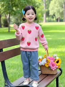 SHEIN Vintaside Kids 2pcs Baby Girl Autumn/Winter Knitted Sweater With Red Strawberry Pattern + Denim Pants Set Fall - Pink - View 8