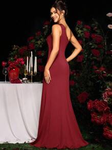 Coutiva Red Asymmetric Hem Rhinestone Embellished Sleeveless Elegant Maxi Dress, Bridesmaid Dress