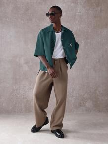 SUMWON Boxy Fit Button Down Collared Workwear Short Sleeve Casual Oversized Shirt Fall Spring - Dark Green - View 7