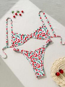 Swim Mod Cherry Print Knotted Back Strap Bikini Set, Women Sexy 2 Pieces Swimwear, Summer Beach Holiday