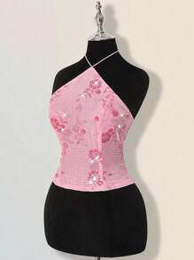 SHEIN ICON 女士串珠返校节粉色花卉亮片优雅挂脖吊带背心 - 粉色 - 查看 6