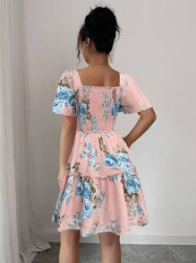 Elenzga Váy tay ngắn họa tiết hoa thanh lịch, mùa hè - Bụi hồng - Xem 2