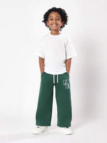 SUMWON Pantalones de chándal con logo de guión de Los Ángeles, ajuste cómodo de pierna ancha, pantalones de invierno, ropa de equipo juvenil, ropa de espíritu escolar de otoño - Verde Oscuro - Ver 3