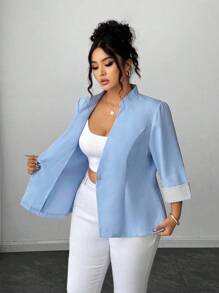 Elenzga 加大码 V 领前开襟优雅通勤拼色条纹袖口 3/4 袖二合一百搭工作西装外套毕业、返校、教师装女士 - 藍色 - 查看 8