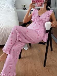 SHEIN 2pcs Summer Ruffled Trim Striped Bow Print Pajama Set - Pink - View 4