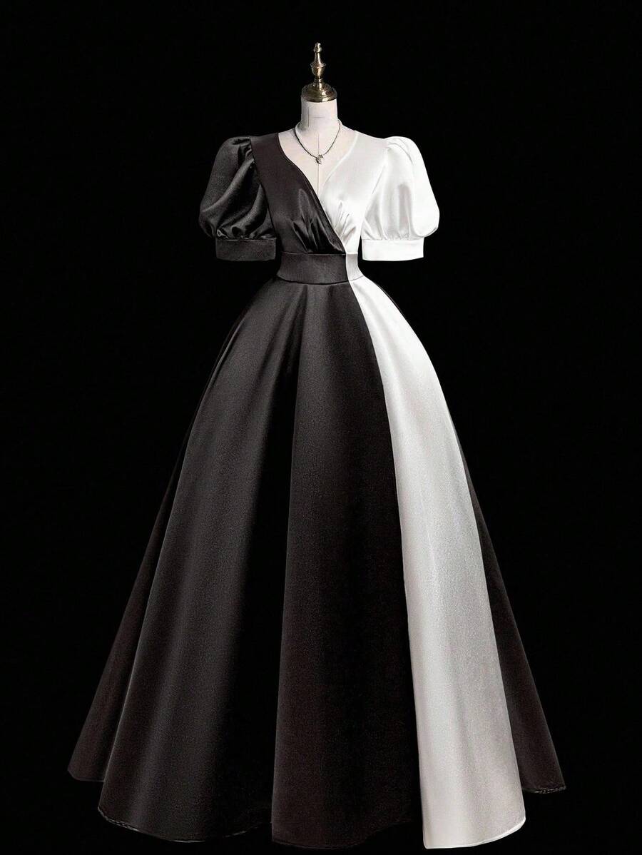 SHEIN PETITE CURVE 色块拼接优雅精致腰部收紧短袖连衣裙 - 黑與白 - 查看 1