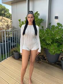 Lucia Bellido Crochet Knit Fitted Playsuit Ibiza Outfit, For Holiday, Spring, Summer, Vacation, Beach, Boho, Western White Isle, Beach Club Western Country