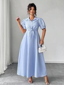 Elenzga Plus Size Women's Elegant Woven Tie-Waist Mid-Sleeve Collared Shirt & Striped Maxi Dress 2 Pieces Set - Blue and White - View 6