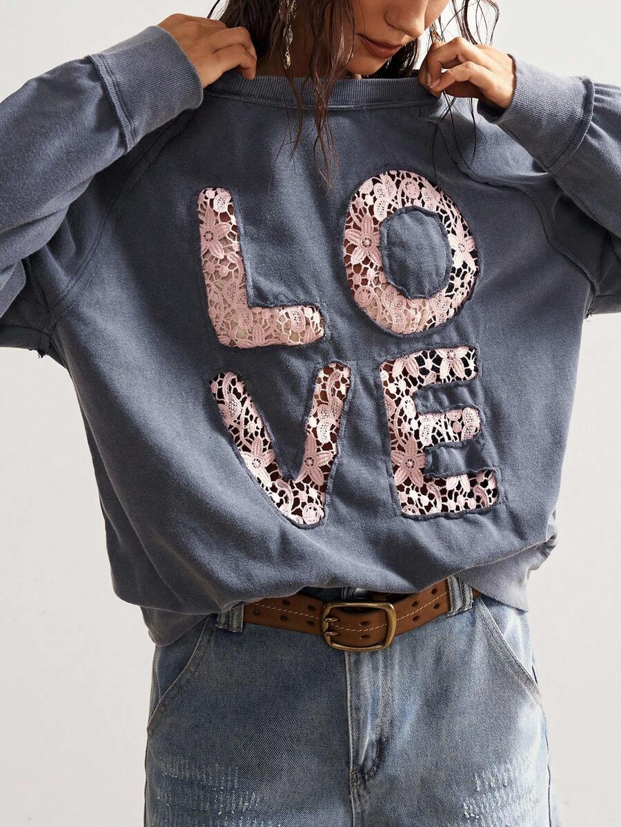 Bohemela 女士休闲纯色针织圆领短袖宽松运动衫爱心运动衫个性运动衫秋冬 - 灰色 - 查看 1