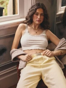 Aralina Sleepwear Fall Winter Cute Top Y2K Stockholm Style Basic Ribbed Lace Trim Cami With Lettius Edge Hem - Light Grey - View 8