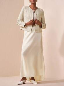 Zivah Autumn New 2 Pieces Set,Crew Neck Long Sleeve Jacket With Metal Decor & High-Waist Satin Skirt,Elegant Beige Semi Formal Music Festival Graduation - Apricot - View 3