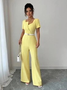 Selianne Mono de unicolor con textura y cuello en V para mujer, elegante para ir al trabajo y uso diario - Amarillo - Ver 5