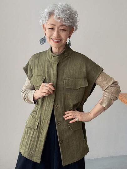 FRIFUL 女士卡其色纯色立领腰部口袋装饰宽松休闲百搭常规外套，秋冬女式马甲外套