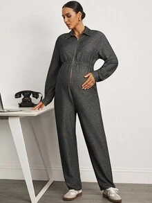 MaterniWear Maternity Grey Casual Solid Color Front Zipper Waist Elastic Band Pocket Jumpsuit  Business Casual Woman  Fall Women Clothes   Business Casual Woman  Beach  Gray  Chic Women's Jumpsuit
