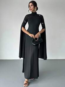 Firerie Women's Elegant, Exquisite, Romantic And Dignified Dance Party Date Embroidery Sequin Mesh Slit Extra-Long Sleeves A-Line Black Maxi Dress New Year Clothes - Black - View 4
