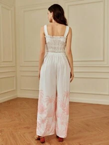 SHEIN Clasi Women's Fashionable & Elegant Castle Print Linen Fabric Jumpsuit With Side Seam Stitching And Hollow-Out Design