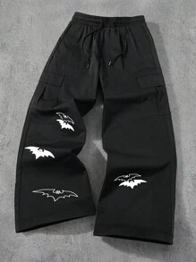Manfinity EMRG Men Casual Bat Print Straight Leg Cargo Pants Men Black Cargo Pants With Bat Graphic Black Graphic Sweatpants Men Streetwear Cargo Pants Bat Print Pants Men Graphic Pants Halloween - Black - View 1