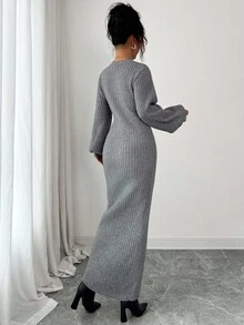 Siren Gaze 合身纽扣前开襟毛衣裙，V 领设计，独特灯笼袖，灰色 - 灰色 - 查看 2