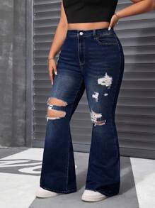 SHEIN ICON Quần jeans ống loe rách co giãn màu xanh đậm mùa hè cỡ lớn cho nữ - Rửa tối - Xem 7