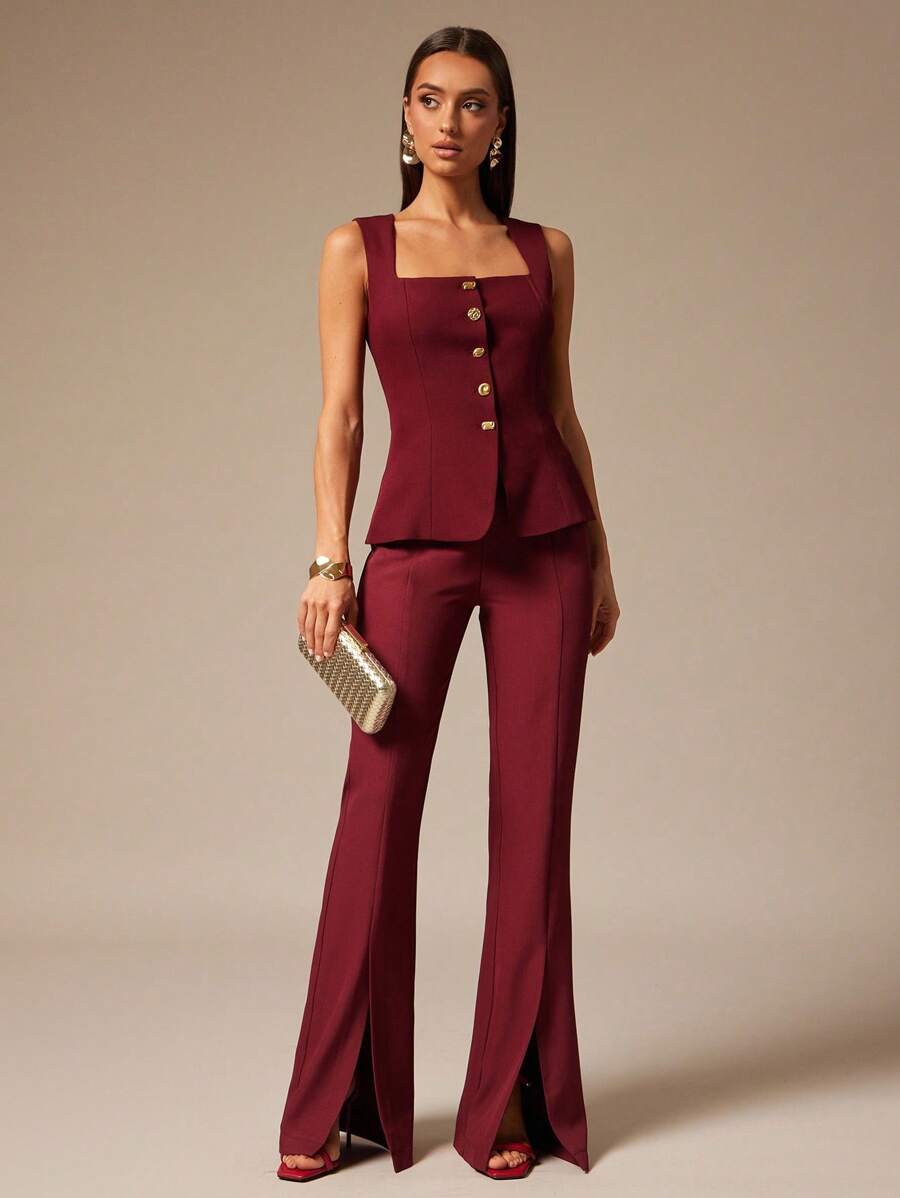 Silquee 优雅纯色西装马甲通勤夏季勃艮第上衣酒红色上衣金属扣装饰红色背心女西装马甲 - 酒紅色 - 查看 1