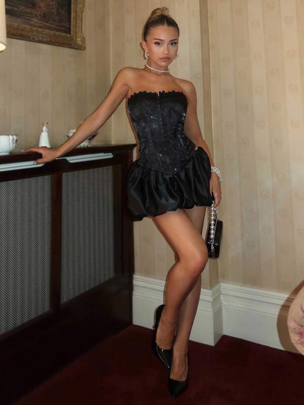 Glamine Sexy Vintage Jacquard Patchwork 3D Floral Lace-Up Bandeau Top For Women Black Corset Top Black Club Top Birthday Party Dress, Night Club, Vintage, Y2K, Influencer, Party Wear, HalloweenVintage,Y2K,Back To School Fashion,