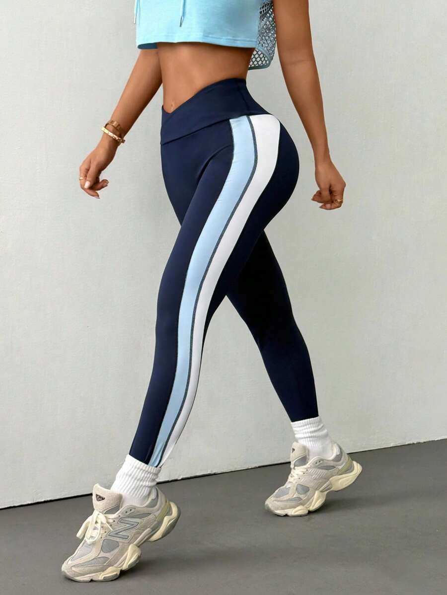 Easithlete Easithlete Women's Yoga Workout Dopamine Color Blocking Criss-Cross Waist Sports Leggings, Navy Blue - Navy Blue - View 1