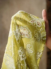 Zanirela 女士雪纺面料V领H型刺绣镂空设计优雅约会长袖衬衫秋季女士外出上衣女士秋季飘逸上衣 - 綠色 - 查看 9