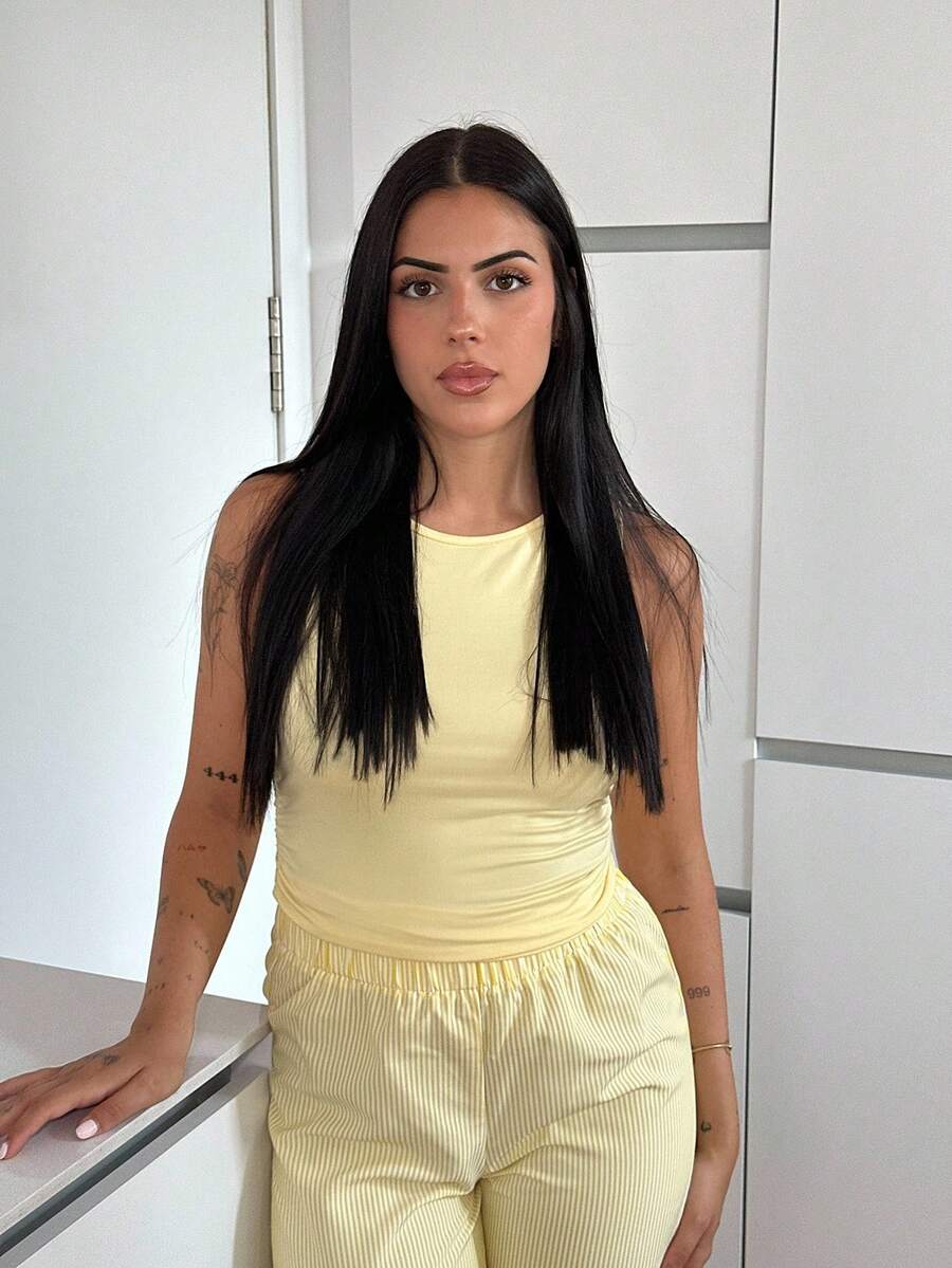 Lucia Bellido 女士休闲度假蓝色条纹低腰弹性下摆长裤