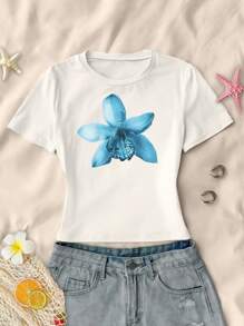 Girls' Simple & Fashionable Blue Floral Print Short T-Shirt, Suitable For Summer - White - View 1