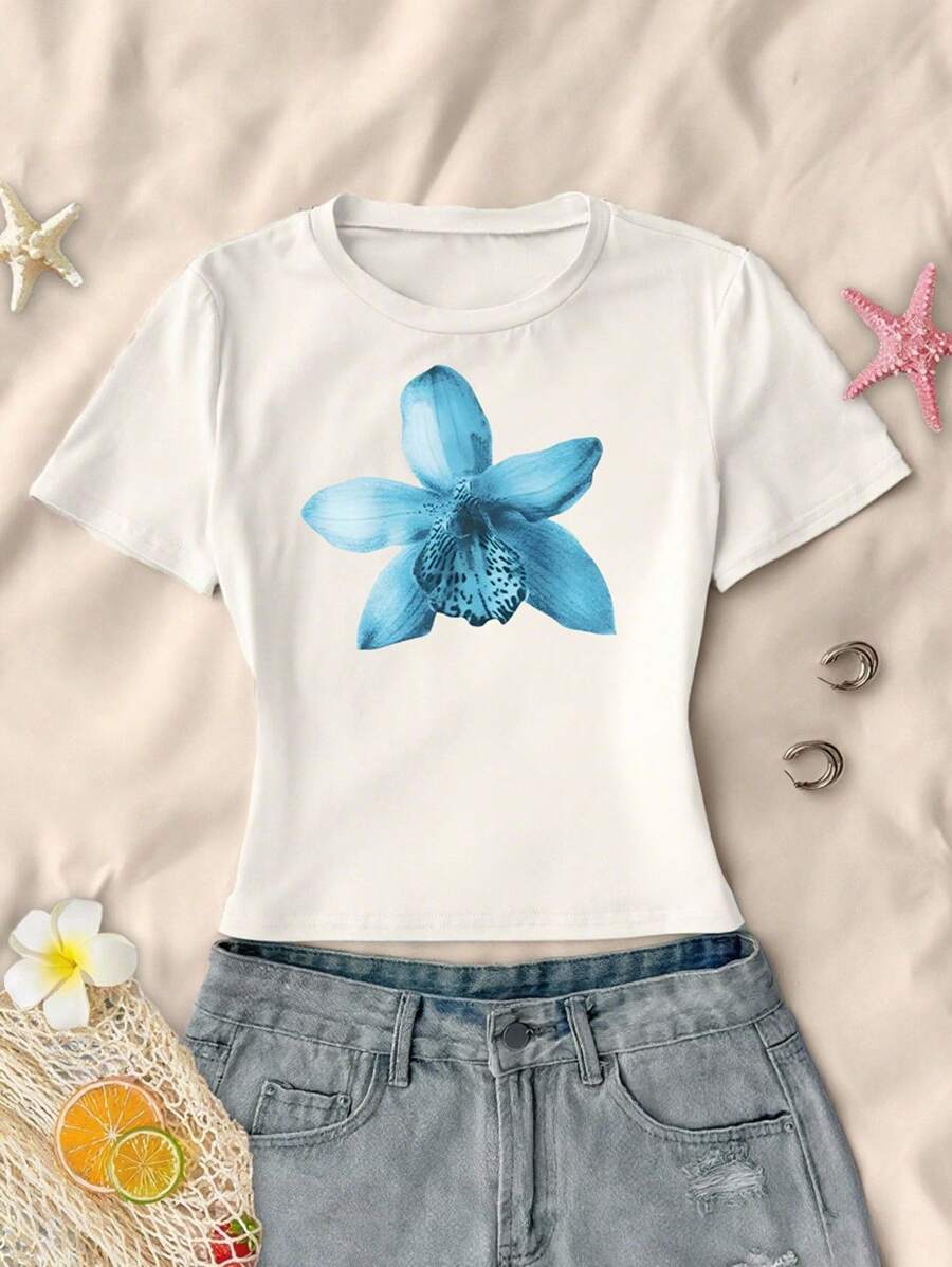 Girls' Simple & Fashionable Blue Floral Print Short T-Shirt, Suitable For Summer - White - View 1