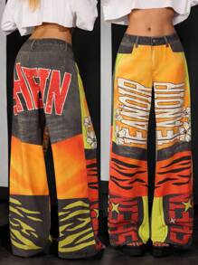 Jeanoix 街头风格涂鸦印花低腰阔腿牛仔裤 - 彩色 - 查看 8