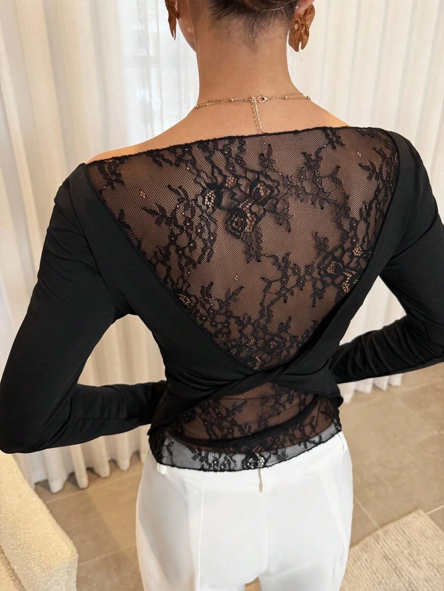 SHEIN Lavishia Áo thun nữ tay dài phối ren cài nút sau lưng thời trang - màu đen - Xem 1