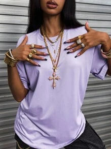 INAWLY 中国龙与字母印花超大短袖T恤图案T恤女式上衣 - 紫色 - 查看 2