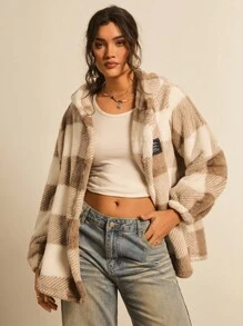 Freevana Plus Buffalo Plaid Pattern Drop Shoulder Hooded Flannel Jacket, For Winter Fall Autumn