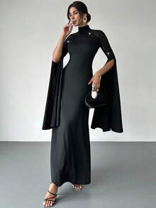 Firerie Women's Elegant, Exquisite, Romantic And Dignified Dance Party Date Embroidery Sequin Mesh Slit Extra-Long Sleeves A-Line Black Maxi Dress New Year Clothes - Black - View 3