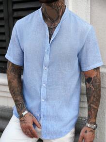 Manfinity CasualCool Camisa de hombre de manga corta de lino con cuello mao blanco - Azul - Ver 4