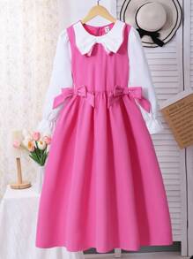 SHEIN Sparklyn Girls' Pink Minimalist Stylish Sweet Long Sleeve Dress Girls Pink Dress With Bow Pink Bow Dress For Girls Girls Pink Long Dress Girls Preppy Dress Girls Pink Special Occasion Dress Bow Decoration - Pink - View 3