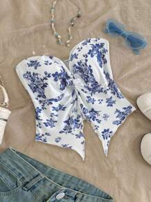 SHEIN Tween 女童休闲花卉印花不对称下摆背心，舒适简约 - 藍色 - 查看 6