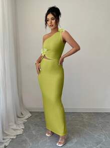 Elenzga Women's Elegant 3D Floral Decor One-Shoulder Top And Skirt 2 Pieces Set, Summer