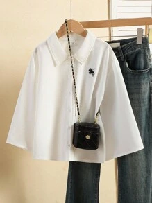 青少年女孩前扣刺绣休闲长袖衬衫 - 白色 - 查看 1