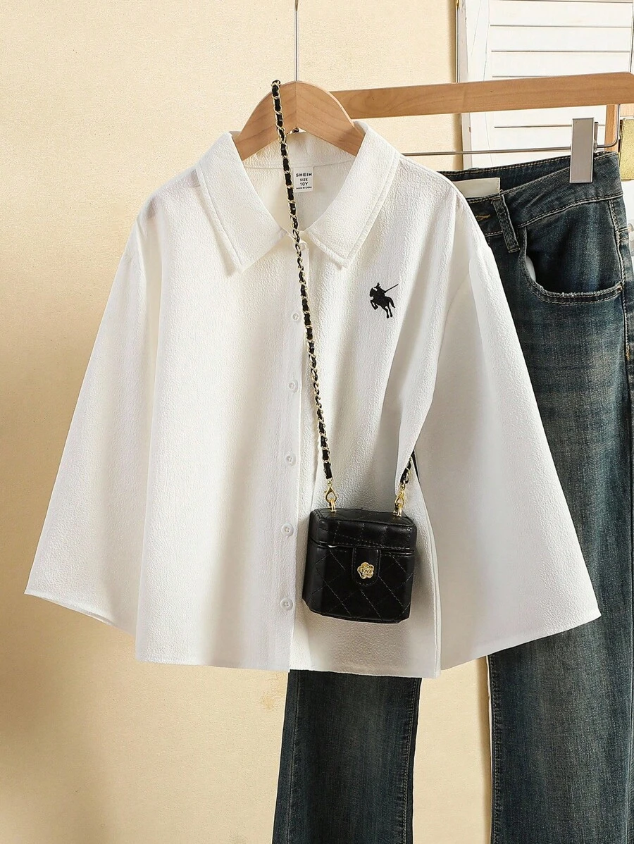 青少年女孩前扣刺绣休闲长袖衬衫 - 白色 - 查看 1