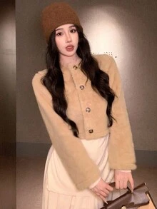 DAZY Casual Versatile Solid Color Fluffy Short Jacket, Autumn/Winter Women Coats - Khaki - View 4