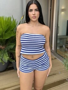 Lucia Bellido 2 件套女士夏季休闲度假条纹露背抹胸短款上衣和低腰短裤 - 藍白色 - 查看 5