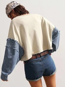 Bohemela BOHO Countryside Vacation Casual Knit Patchwork Floral Pattern Denim Loose Crew Neck Long Sleeve Sweatshirt For Women In Fall/Winter