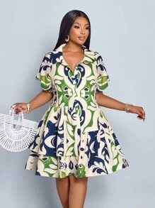 SOLERSUN Plus Size Waist-Cinching Button-Front Simple Loose Summer Casual Vacation Printing Dress