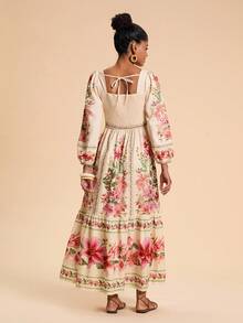 Travachic 女式度假花卉印花蕾丝拼布荷叶边褶皱长袖连衣裙 - 彩色 - 查看 2