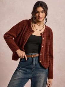 SHEIN VCAY Metal Buckle Knitted Women Cardigan Sweater, Round Neck Pockets, Autumn/Winter - Burgundy - View 3