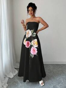 Elenzga Váy Bandeau in hoa dáng rộng thoải mái dành cho nữ - màu đen - Xem 5
