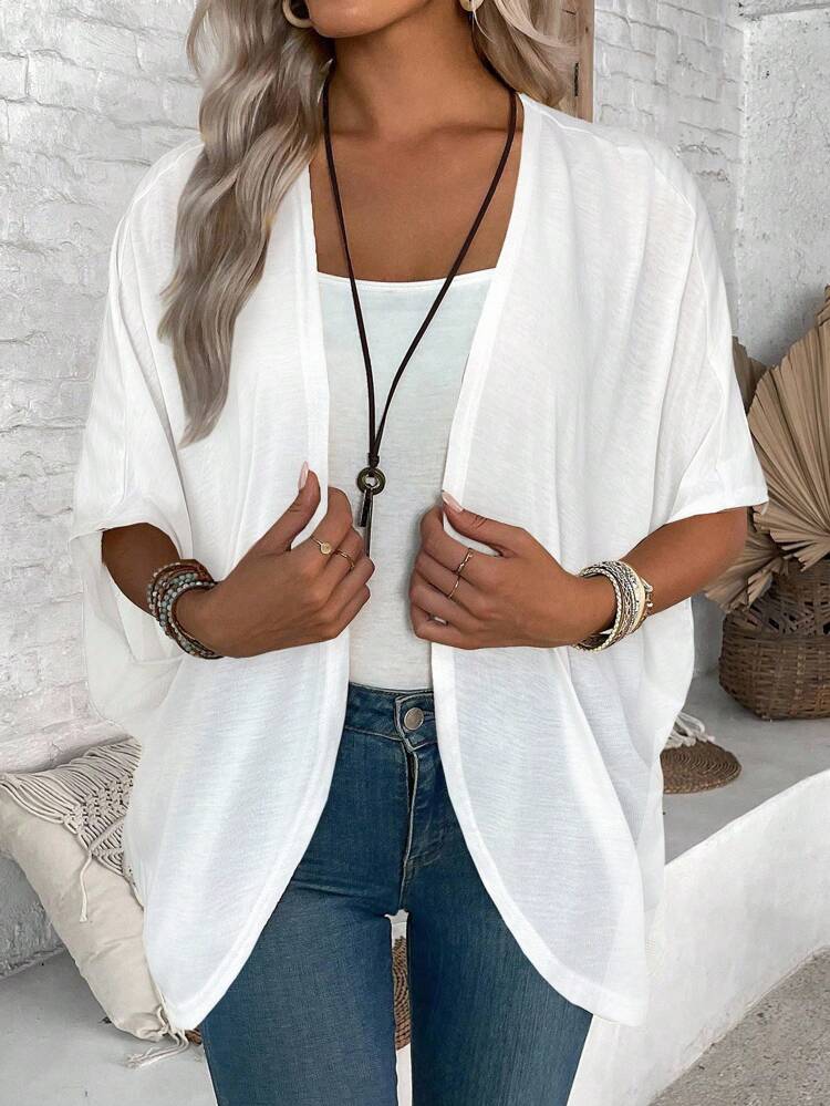 Casual White Lightweight Jacket - Knitted Fabric With Asymmetrical Hem And Batwing Sleeves Summer Cardigan Short Sleeve Cardigan White Shrug White Cardigan Fall Clothes Winter Clothes,Casual
