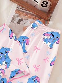 Teen Girls Pajamas Set, Minimalist Pink Base With Rabbit & Bow Print, Contrast Trim Short Sleeve Top And Long Pants, Casual Loungewear, Back To School Fashion Cute Pajama Set - Pink - View 6